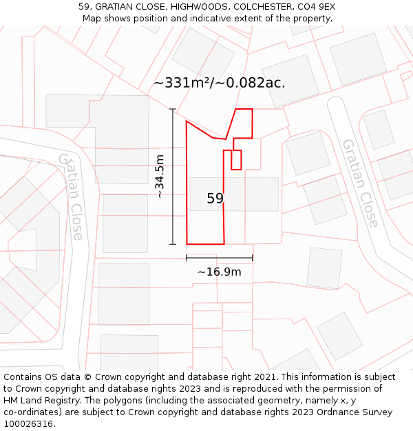 59, GRATIAN CLOSE, HIGHWOODS, COLCHESTER, CO4 9EX: Plot and title map