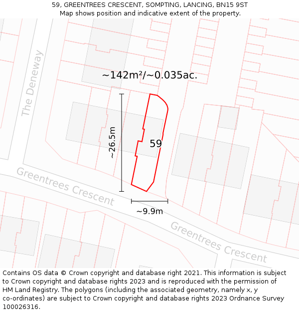 59, GREENTREES CRESCENT, SOMPTING, LANCING, BN15 9ST: Plot and title map