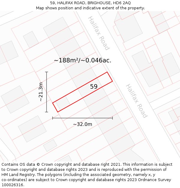 59, HALIFAX ROAD, BRIGHOUSE, HD6 2AQ: Plot and title map