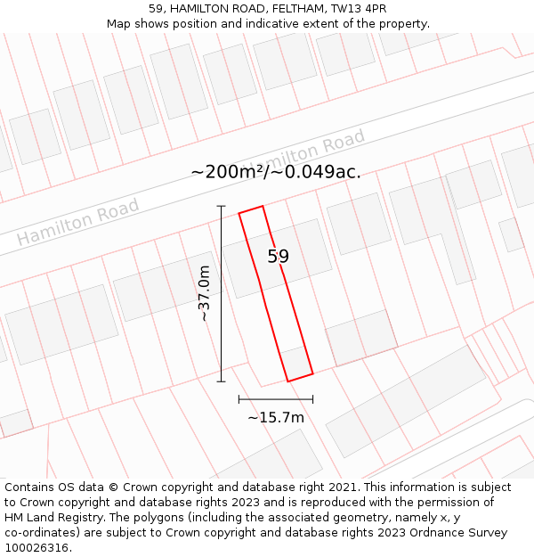 59, HAMILTON ROAD, FELTHAM, TW13 4PR: Plot and title map