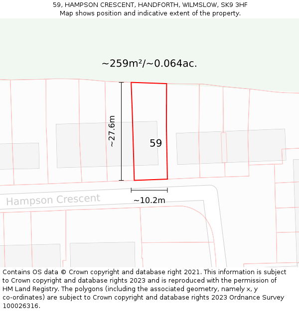 59, HAMPSON CRESCENT, HANDFORTH, WILMSLOW, SK9 3HF: Plot and title map