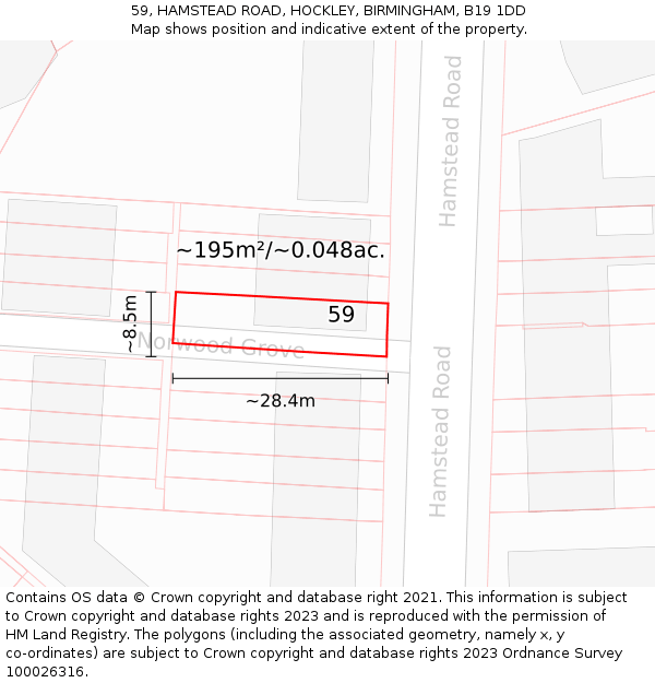 59, HAMSTEAD ROAD, HOCKLEY, BIRMINGHAM, B19 1DD: Plot and title map