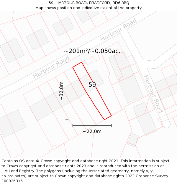 59, HARBOUR ROAD, BRADFORD, BD6 3RQ: Plot and title map