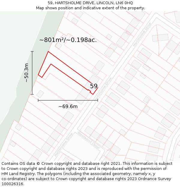 59, HARTSHOLME DRIVE, LINCOLN, LN6 0HQ: Plot and title map