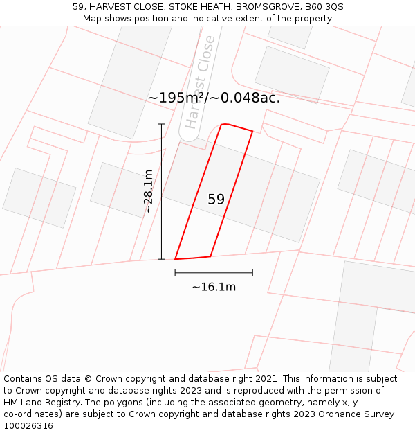 59, HARVEST CLOSE, STOKE HEATH, BROMSGROVE, B60 3QS: Plot and title map