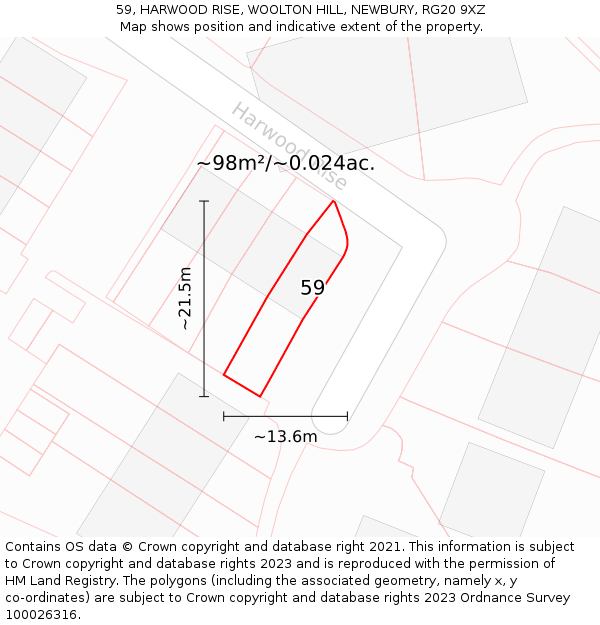 59, HARWOOD RISE, WOOLTON HILL, NEWBURY, RG20 9XZ: Plot and title map