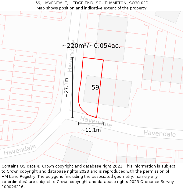 59, HAVENDALE, HEDGE END, SOUTHAMPTON, SO30 0FD: Plot and title map