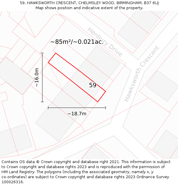 59, HAWKSWORTH CRESCENT, CHELMSLEY WOOD, BIRMINGHAM, B37 6UJ: Plot and title map