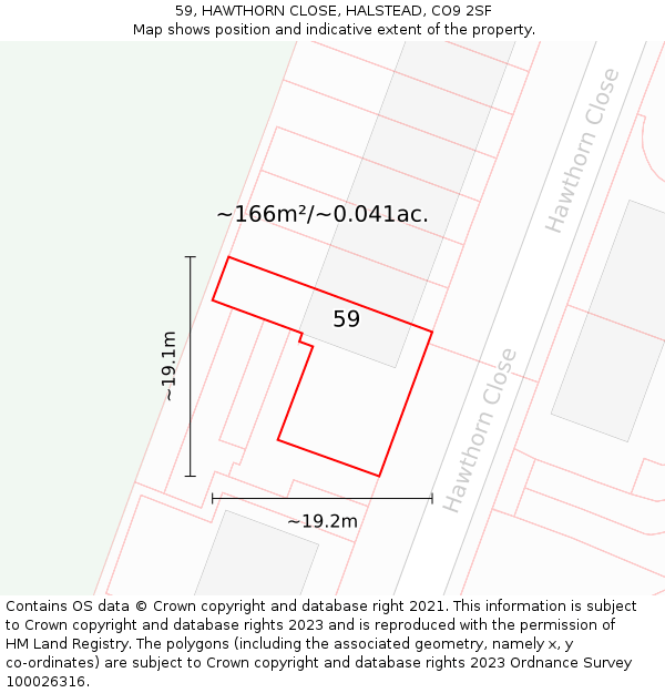 59, HAWTHORN CLOSE, HALSTEAD, CO9 2SF: Plot and title map