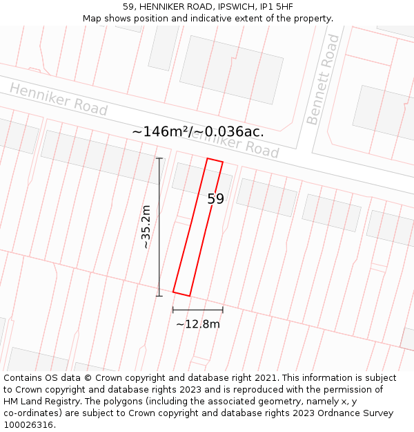 59, HENNIKER ROAD, IPSWICH, IP1 5HF: Plot and title map
