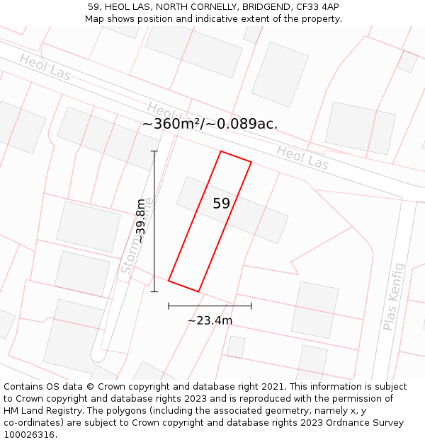 59, HEOL LAS, NORTH CORNELLY, BRIDGEND, CF33 4AP: Plot and title map