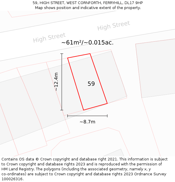 59, HIGH STREET, WEST CORNFORTH, FERRYHILL, DL17 9HP: Plot and title map
