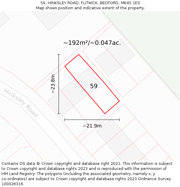 59, HINKSLEY ROAD, FLITWICK, BEDFORD, MK45 1ES: Plot and title map