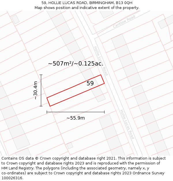59, HOLLIE LUCAS ROAD, BIRMINGHAM, B13 0QH: Plot and title map