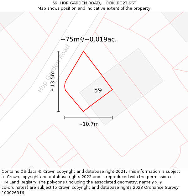 59, HOP GARDEN ROAD, HOOK, RG27 9ST: Plot and title map