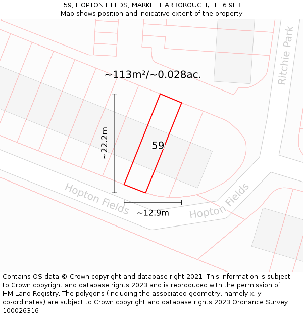 59, HOPTON FIELDS, MARKET HARBOROUGH, LE16 9LB: Plot and title map