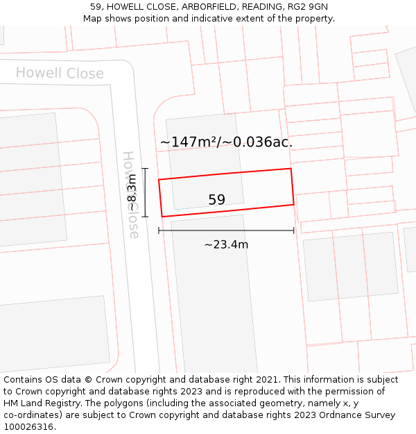 59, HOWELL CLOSE, ARBORFIELD, READING, RG2 9GN: Plot and title map