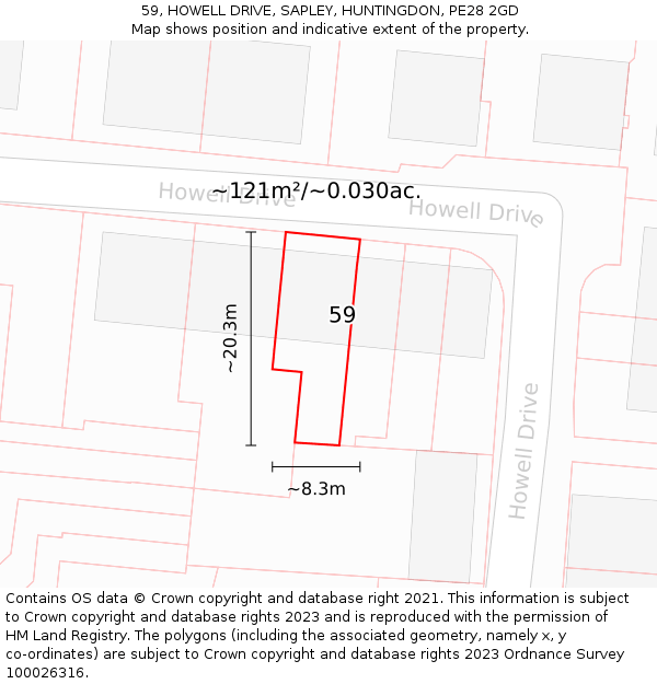 59, HOWELL DRIVE, SAPLEY, HUNTINGDON, PE28 2GD: Plot and title map