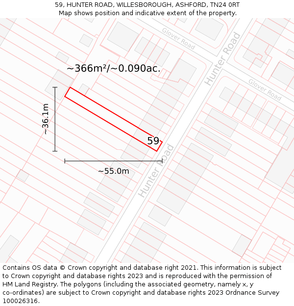 59, HUNTER ROAD, WILLESBOROUGH, ASHFORD, TN24 0RT: Plot and title map