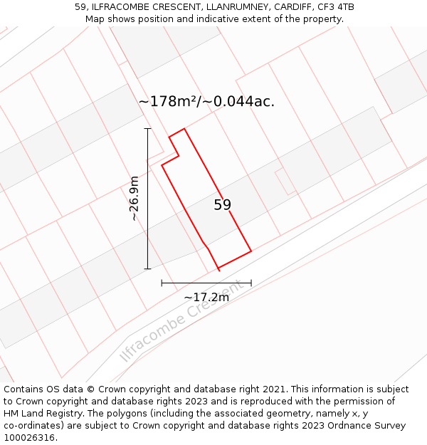59, ILFRACOMBE CRESCENT, LLANRUMNEY, CARDIFF, CF3 4TB: Plot and title map