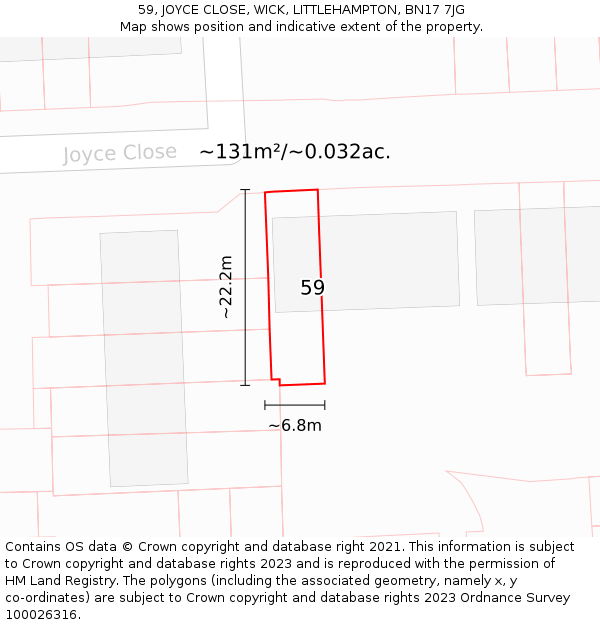 59, JOYCE CLOSE, WICK, LITTLEHAMPTON, BN17 7JG: Plot and title map