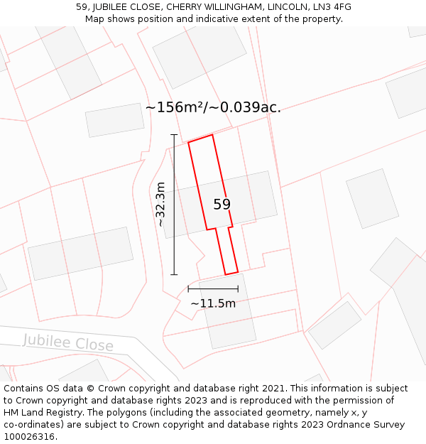 59, JUBILEE CLOSE, CHERRY WILLINGHAM, LINCOLN, LN3 4FG: Plot and title map