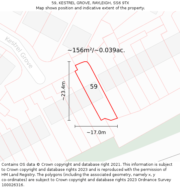 59, KESTREL GROVE, RAYLEIGH, SS6 9TX: Plot and title map