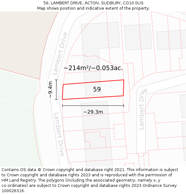 59, LAMBERT DRIVE, ACTON, SUDBURY, CO10 0US: Plot and title map