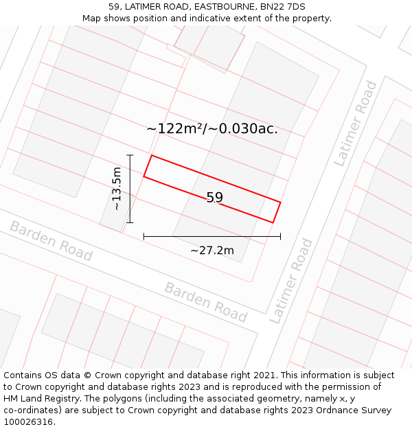 59, LATIMER ROAD, EASTBOURNE, BN22 7DS: Plot and title map