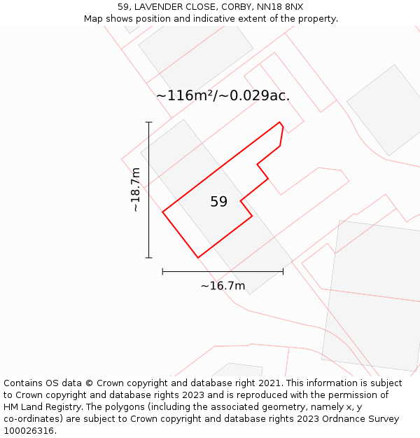 59, LAVENDER CLOSE, CORBY, NN18 8NX: Plot and title map