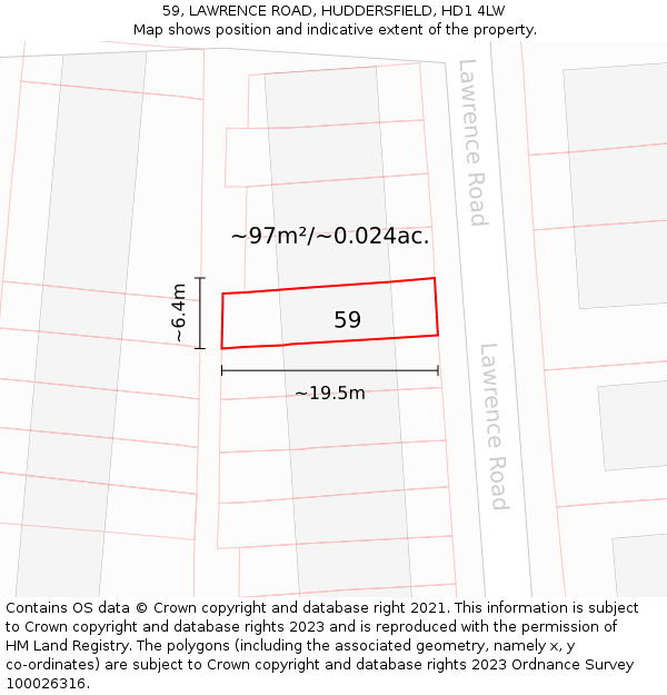 59, LAWRENCE ROAD, HUDDERSFIELD, HD1 4LW: Plot and title map