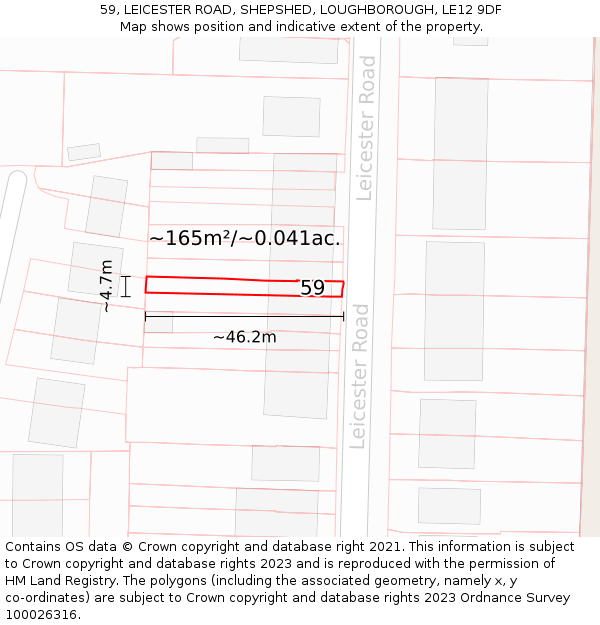 59, LEICESTER ROAD, SHEPSHED, LOUGHBOROUGH, LE12 9DF: Plot and title map