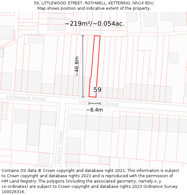 59, LITTLEWOOD STREET, ROTHWELL, KETTERING, NN14 6DU: Plot and title map