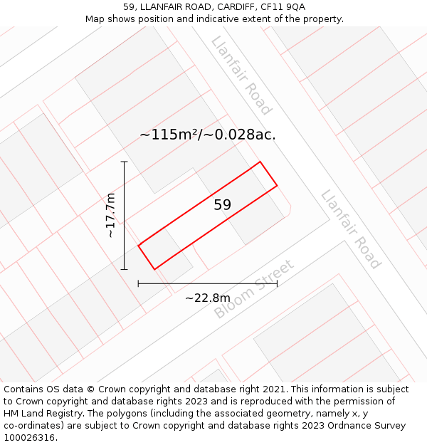 59, LLANFAIR ROAD, CARDIFF, CF11 9QA: Plot and title map