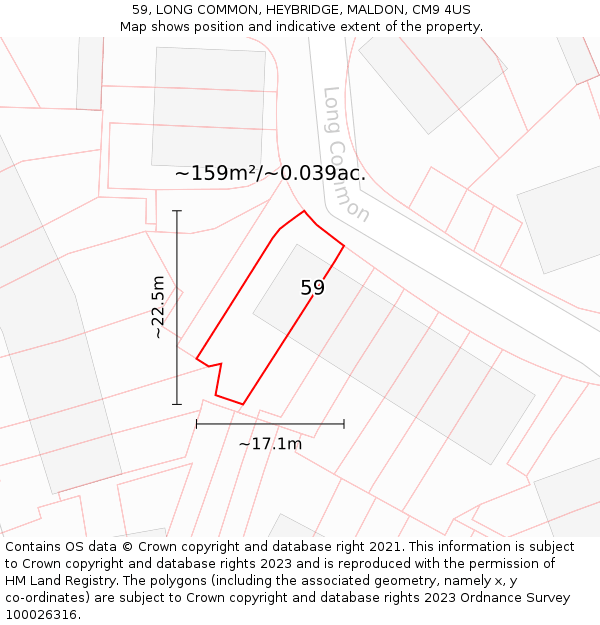 59, LONG COMMON, HEYBRIDGE, MALDON, CM9 4US: Plot and title map