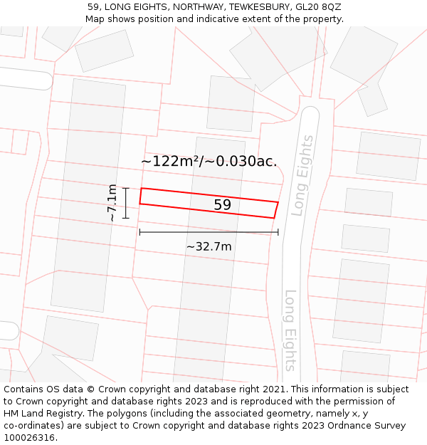 59, LONG EIGHTS, NORTHWAY, TEWKESBURY, GL20 8QZ: Plot and title map