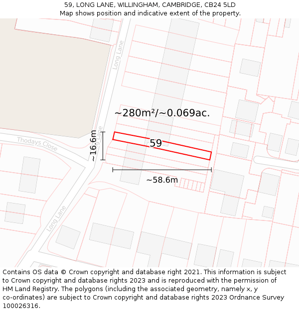 59, LONG LANE, WILLINGHAM, CAMBRIDGE, CB24 5LD: Plot and title map
