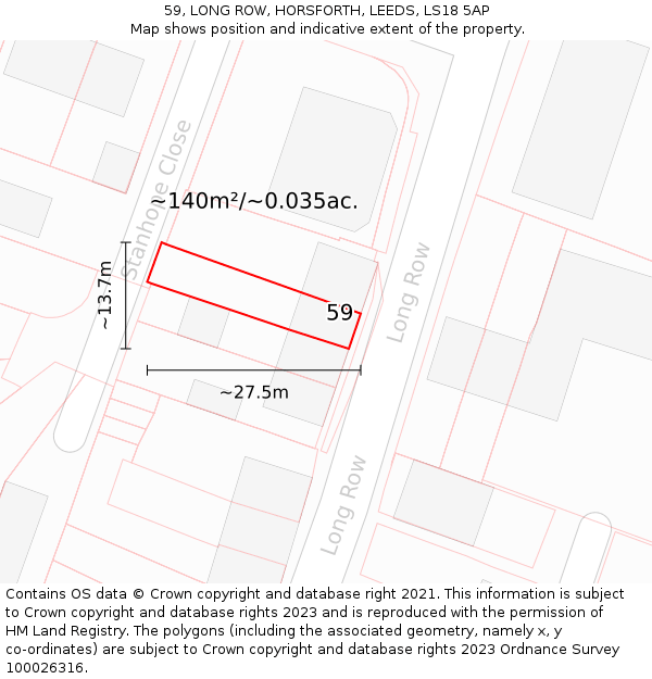 59, LONG ROW, HORSFORTH, LEEDS, LS18 5AP: Plot and title map
