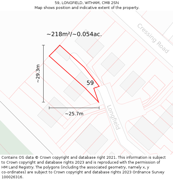 59, LONGFIELD, WITHAM, CM8 2SN: Plot and title map