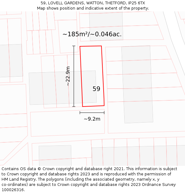 59, LOVELL GARDENS, WATTON, THETFORD, IP25 6TX: Plot and title map