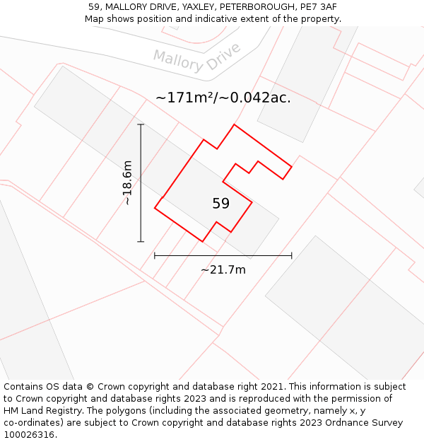 59, MALLORY DRIVE, YAXLEY, PETERBOROUGH, PE7 3AF: Plot and title map