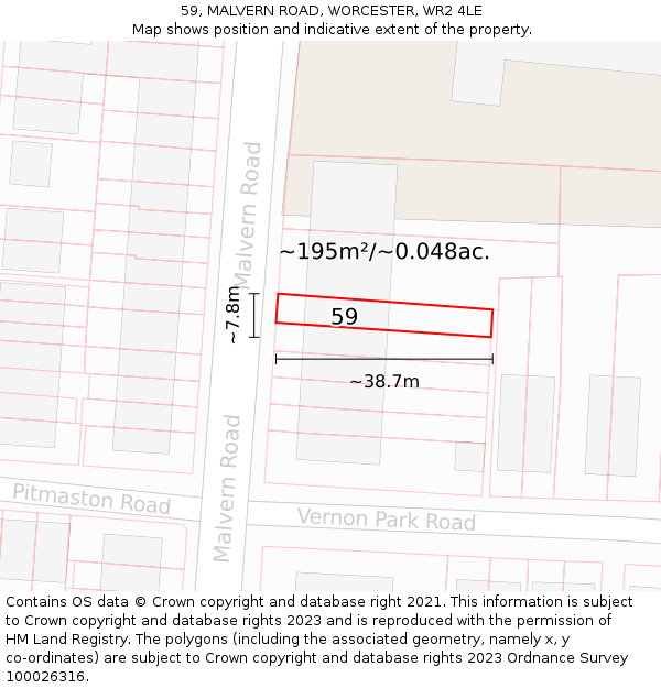 59, MALVERN ROAD, WORCESTER, WR2 4LE: Plot and title map