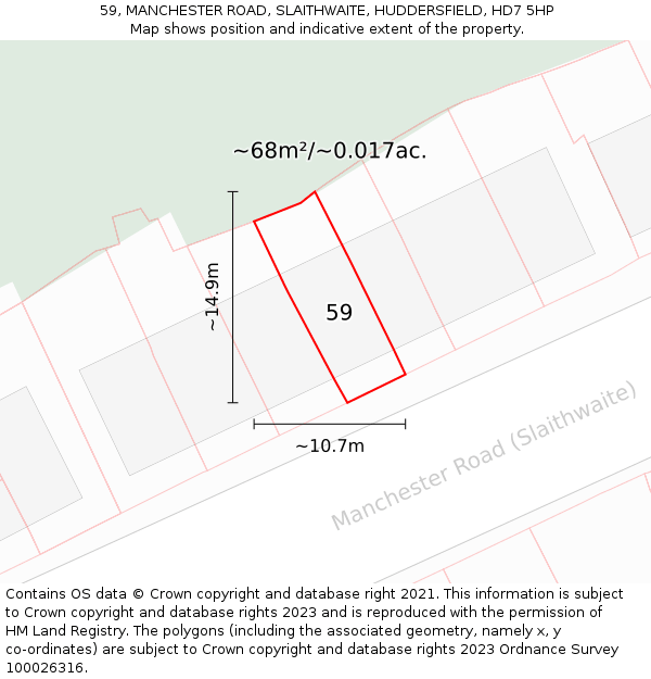 59, MANCHESTER ROAD, SLAITHWAITE, HUDDERSFIELD, HD7 5HP: Plot and title map