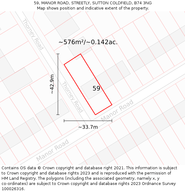 59, MANOR ROAD, STREETLY, SUTTON COLDFIELD, B74 3NG: Plot and title map