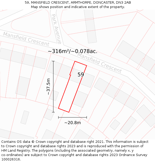 59, MANSFIELD CRESCENT, ARMTHORPE, DONCASTER, DN3 2AB: Plot and title map