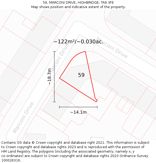 59, MARCONI DRIVE, HIGHBRIDGE, TA9 3FE: Plot and title map