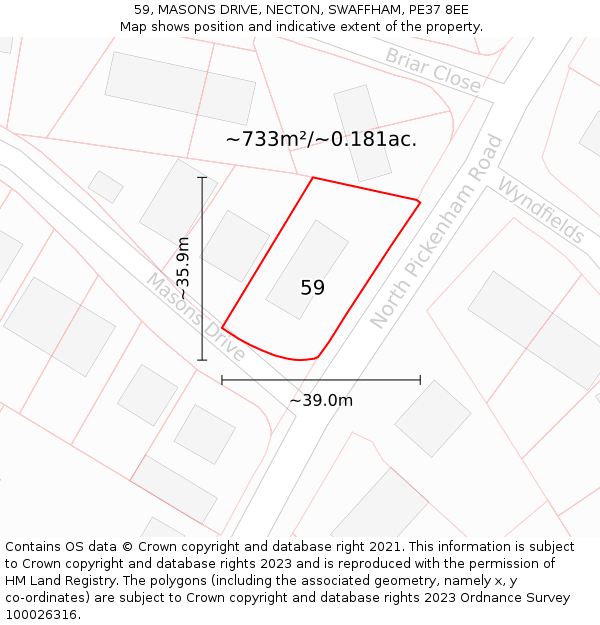 59, MASONS DRIVE, NECTON, SWAFFHAM, PE37 8EE: Plot and title map
