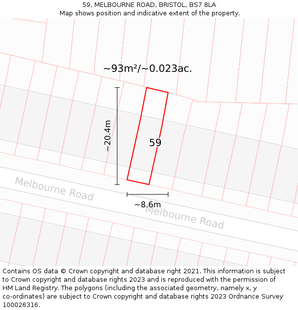 59, MELBOURNE ROAD, BRISTOL, BS7 8LA: Plot and title map