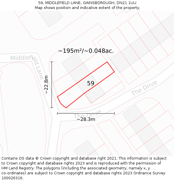 59, MIDDLEFIELD LANE, GAINSBOROUGH, DN21 1UU: Plot and title map