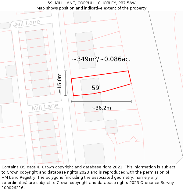 59, MILL LANE, COPPULL, CHORLEY, PR7 5AW: Plot and title map